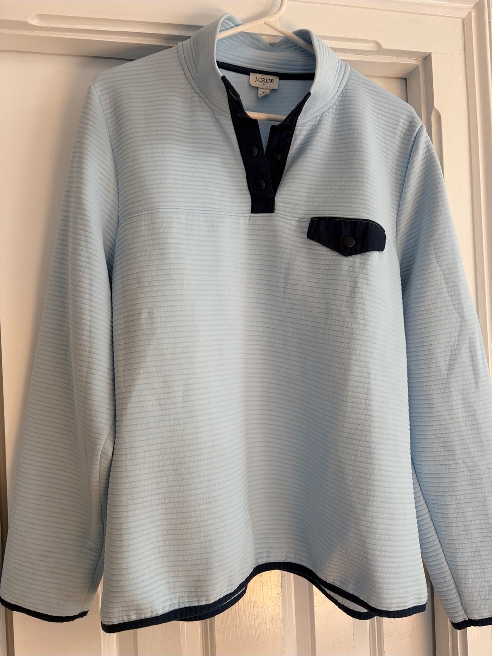 J. Crew Light Blue Pullover Sweatshirt with Navy Trim